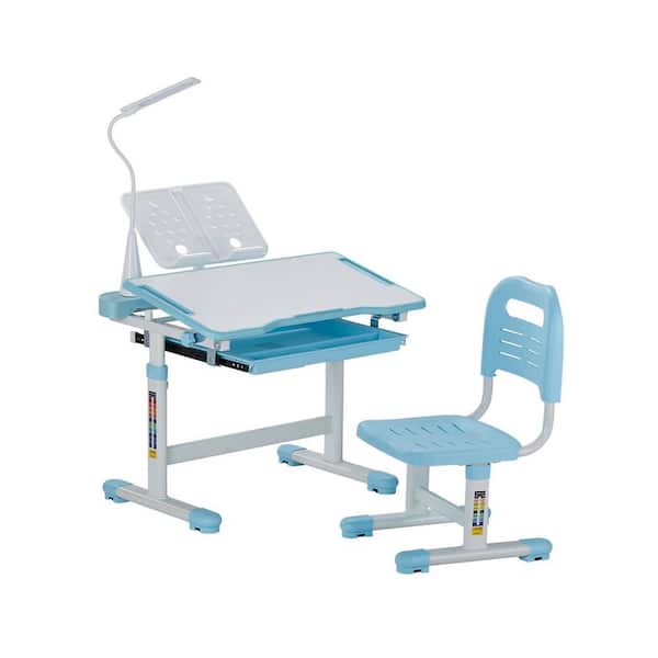 Kids Study Chair and Desk Set, Study Desk and Chair for Kids with Table Lamp, Adjustable Height and 0-40° Tilted Desktop
