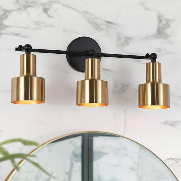 20.1 in. 3-Light Black and Brass Vanity Light with Metal Shades