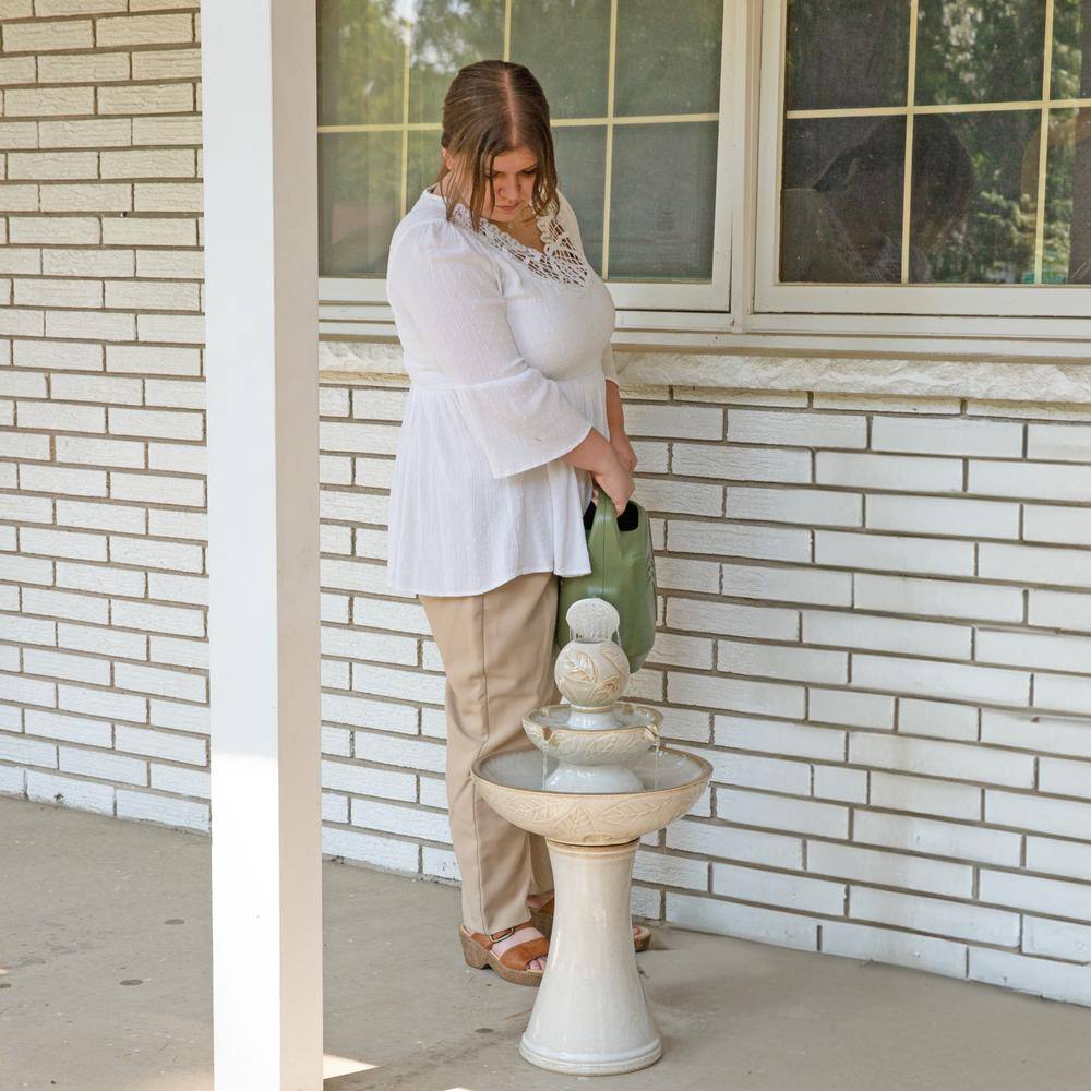 Off-White Ceramic 2-Tier Outdoor Fountain with LED Lights
