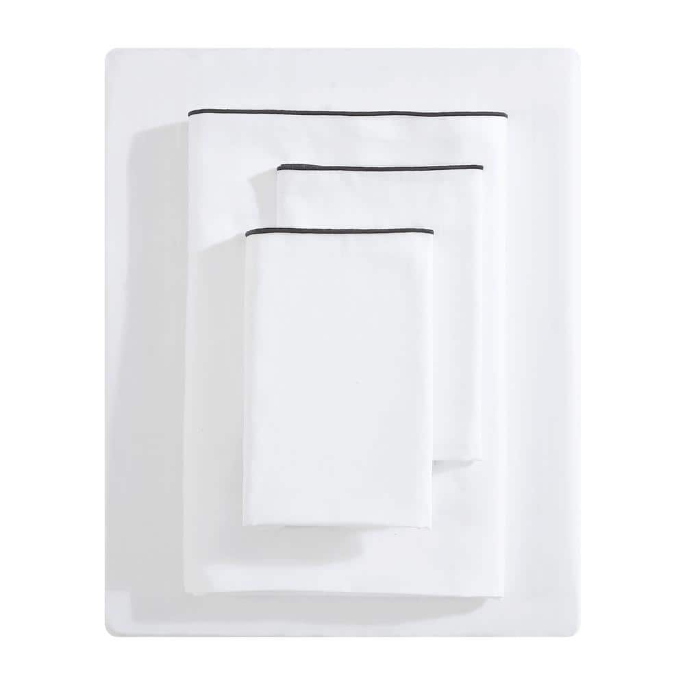 VERA WANG Pearl Edge Embroidered 4Piece White Cotton Sateen King Sheet