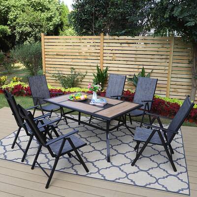 7-Piece Black Metal Patio Outdoor Dining Set with Geometric Rectangle Table and Grey Folding Reclining Sling Chairs