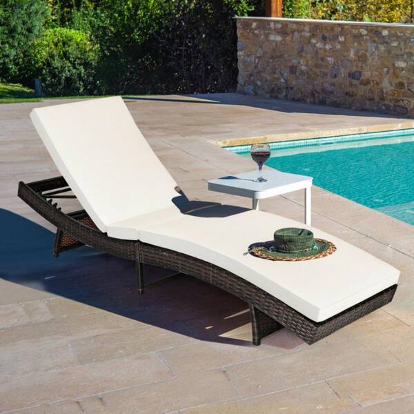 Patio Folding Adjustable Rattan Chaise Lounge Chair with Cushion White