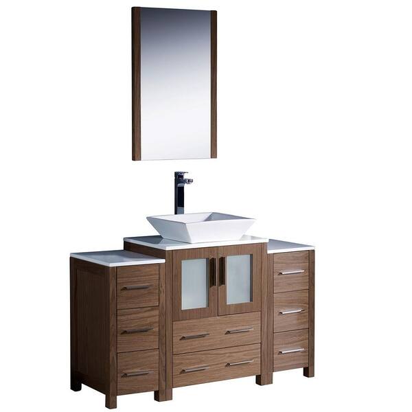Fresca Torino 48 in. Vanity in Walnut Brown with Glass Stone Vanity Top in White and Mirror