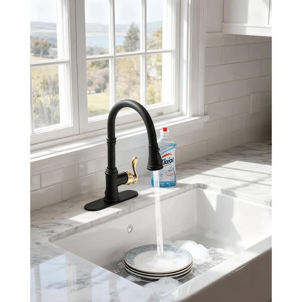 Single-Handle Pull Down Sprayer Kitchen Faucet with 360° Spout Swivel in Black and Gold