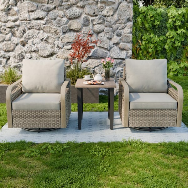 3-Piece Brown Wicker Outdoor Conversation Set Swivel Rocking Chairs with Gray Cushions and Wood Grain Top Side Table