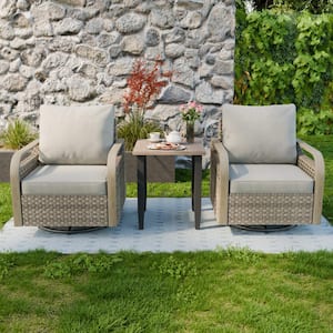 3-Piece Brown Wicker Outdoor Conversation Set Swivel Rocking Chairs with Gray Cushions and Wood Grain Top Side Table