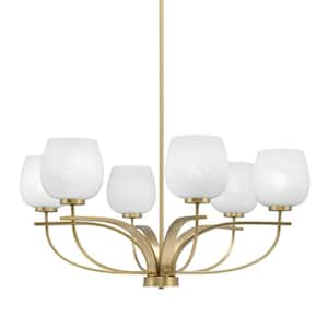 Olympia 6 Light, Uplight, Chandelier, New Age Brass Finish, 6 in. White Marble Glass