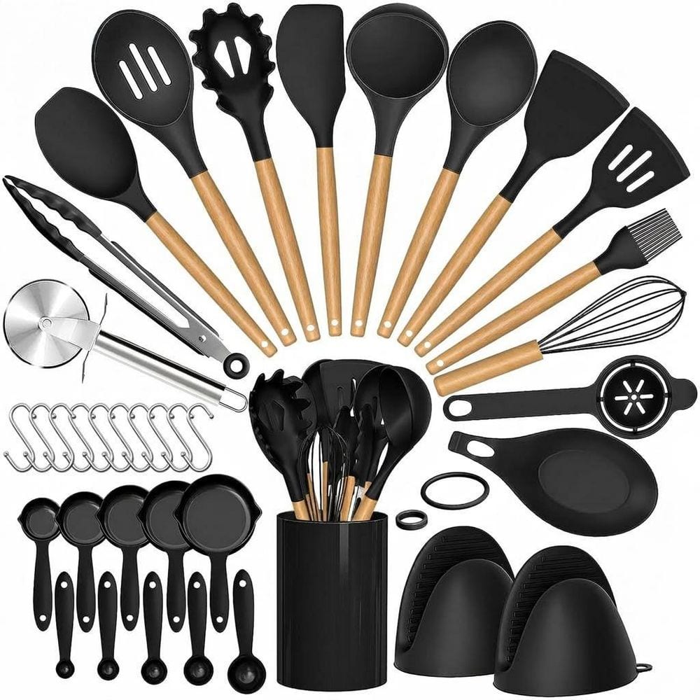 36pcs Black Heat Resistant Silicone Kitchen Utensils Set with Wooden Handle and Holder, Nonstick Cooking Tools price history on PriceWatchPro