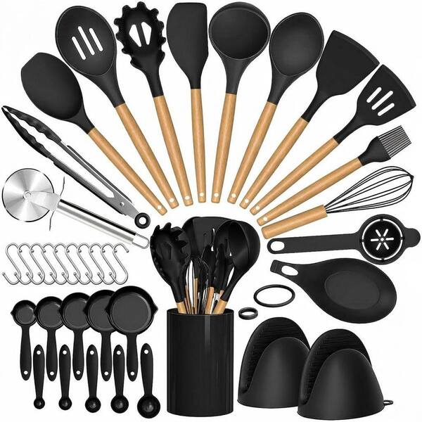 36pcs Black Heat Resistant Silicone Kitchen Utensils Set with Wooden Handle and Holder, Nonstick Cooking Tools