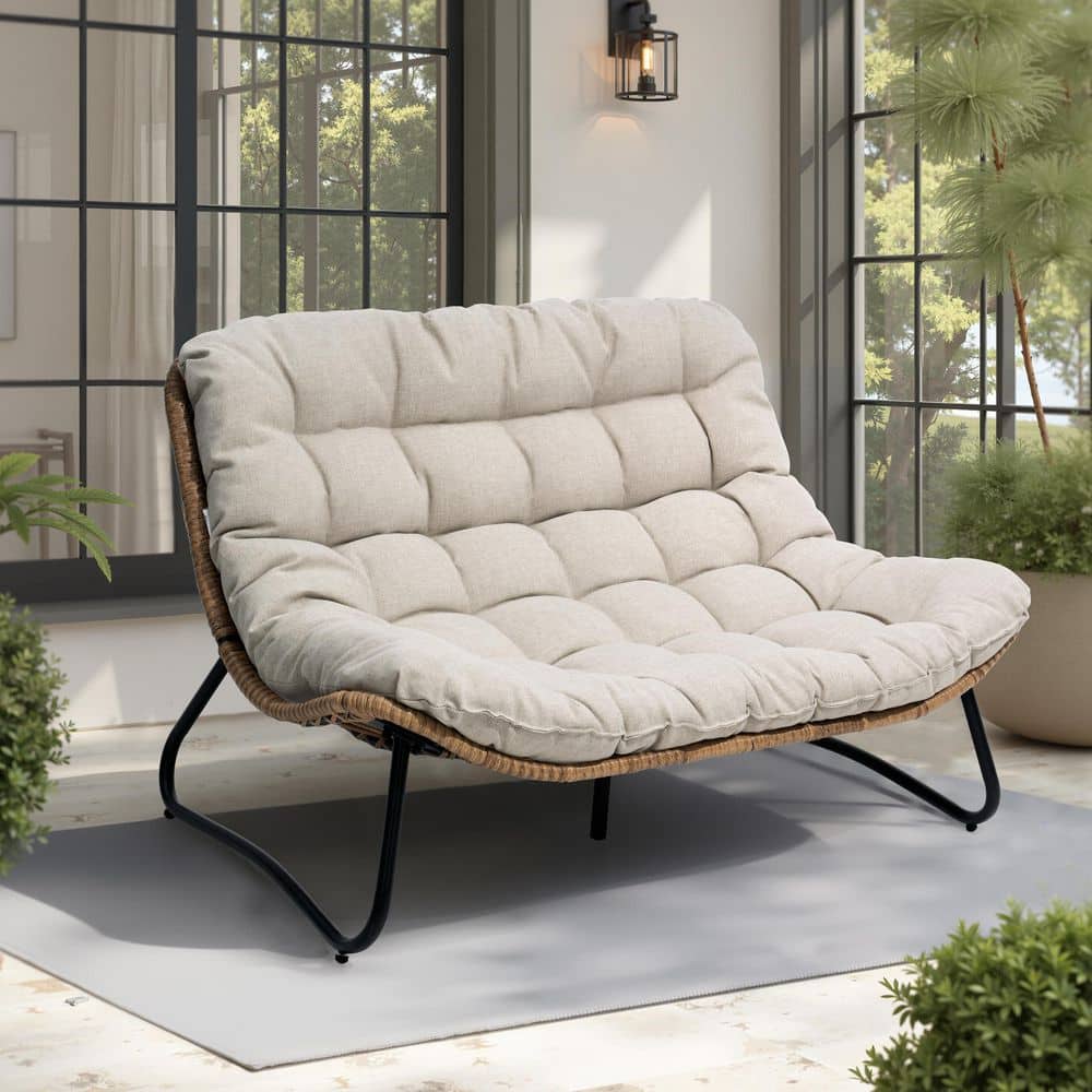 2 Person Metal Outdoor Loveseat All-Weather Wicker Rattan 2 Seater Outdoor Couch with Beige Cushions for Patio price history on PriceWatchPro