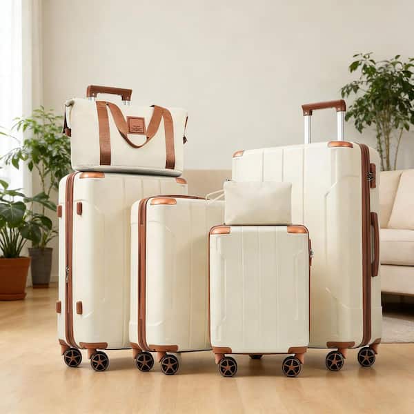 6-Piece Brown White ABS Hardside Luggage Set with Dual Wheels and TSA Lock