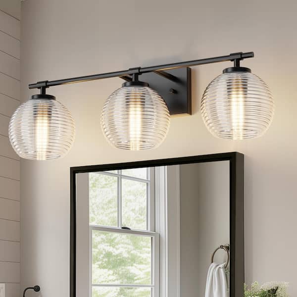 YANSUN 25 in. 3-Light Black Vanity Light with Clear Globe Glass Shades for Bathroom, Vanity, Mirror