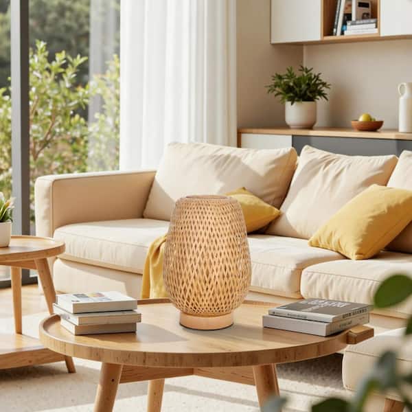 10.63 in. Natural Bamboo Hand-Woven Table Lamp with Open-Weave Drum Shade, No Bulbs Included