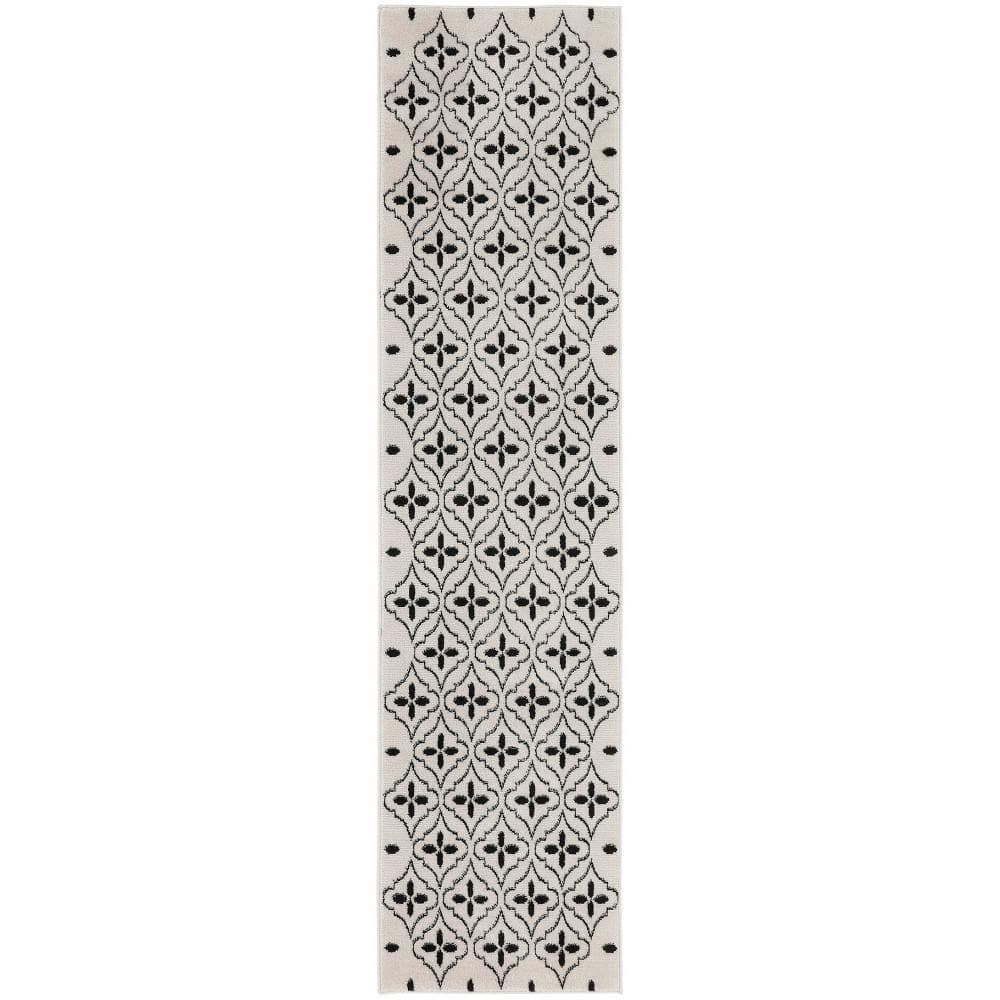 Ivory Black Moroccan Trellis Indoor Outdoor Runner Rug