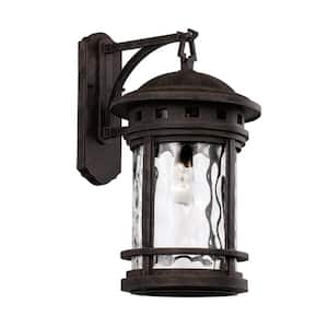 Boardwalk 20 in. 1-Light Rust Outdoor Wall Light Fixture with Clear Water Glass