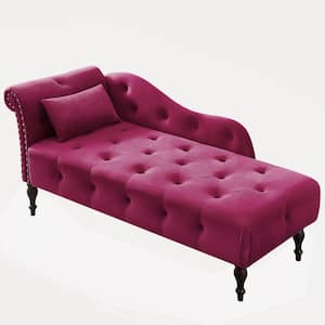 Burgundy Wood Velvet Chaise Lounge Buttons Tufted Nail head Trimmed Solid Wood Legs with 1 Pillow