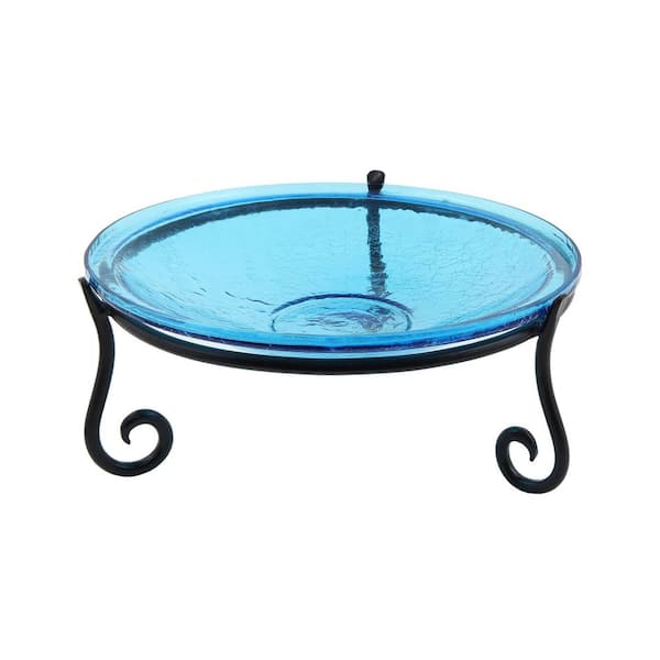 Reflective Crackle Glass Birdbath Bowl With Short Stand II, 14 in. dia. Teal Blue