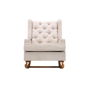 Living Room Beige Polyester Accent Rocking Arm Chair with Wooden Legs