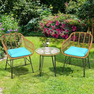 3-Piece Rattan Patio Conversation Set with Turquoise Cushion