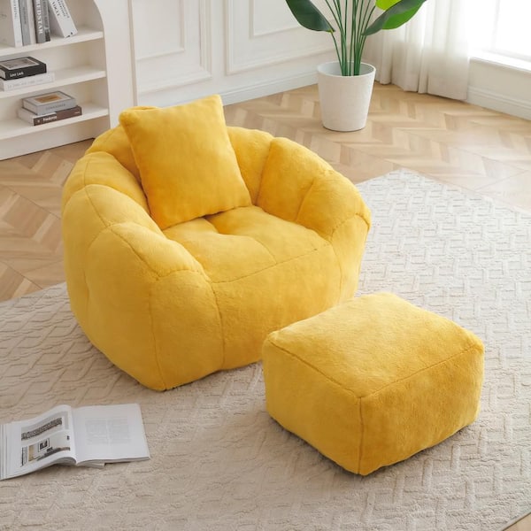 Yellow Faux Fur Polyester Oversized Bean Bag with Filler for Adults and Kids