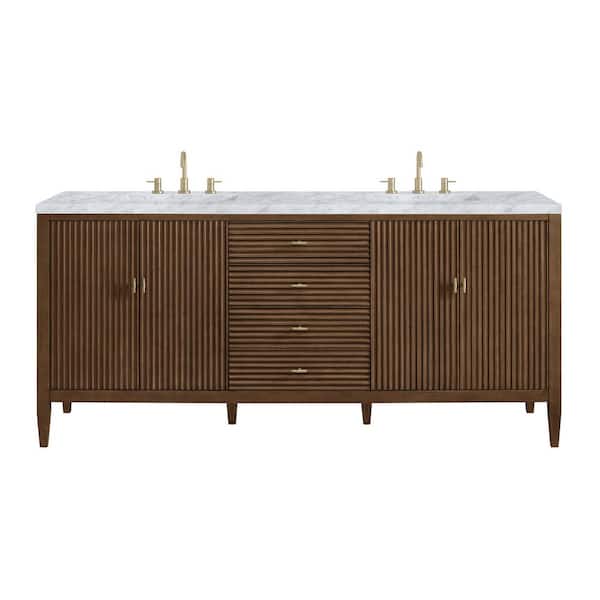 James Martin Vanities Myrrin 72.0 in. W x 23.5 in. D x 34.06 in. H Double Bathroom Vanity in Mid-Century Walnut with Carrara White Marble Top
