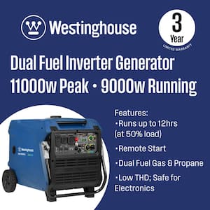 11,000-Watt Electric Start Gasoline and Propane Inverter Generator with CO Sensor, Dual Fuel