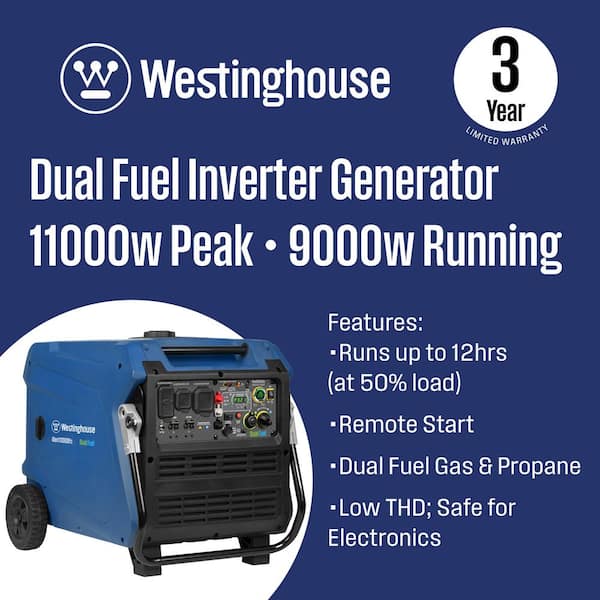 11,000-Watt Electric Start Gasoline and Propane Inverter Generator with CO Sensor, Dual Fuel