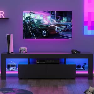 62 in. Cyber Vibe Black TV Stand Fits TV's up to 70 in. Multicolor Bulid-In LED With Glass Shelves