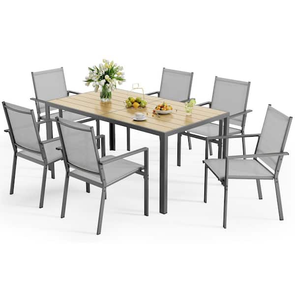 Gray 7-Piece Textilene and Iron Outdoor Dining Set 6 Chairs and Wood Rectangle Table