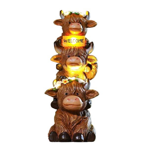 Garden Highland Cow Statue Solar Outdoor Decor with Flower Decoration Funny Triple Highland Cow Decor