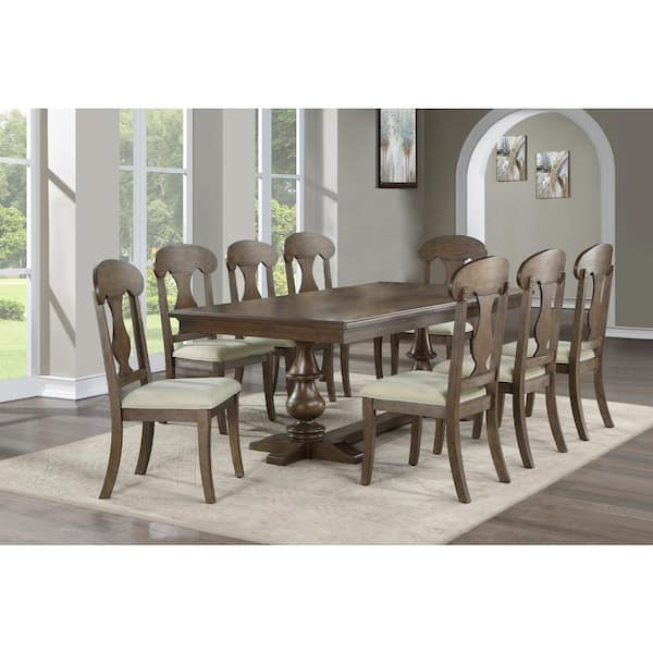 Best Quality Furniture Hector 9-Piece Rectangle Rustic Oak Wood Top And Linen Fabric Table Set Seats 8
