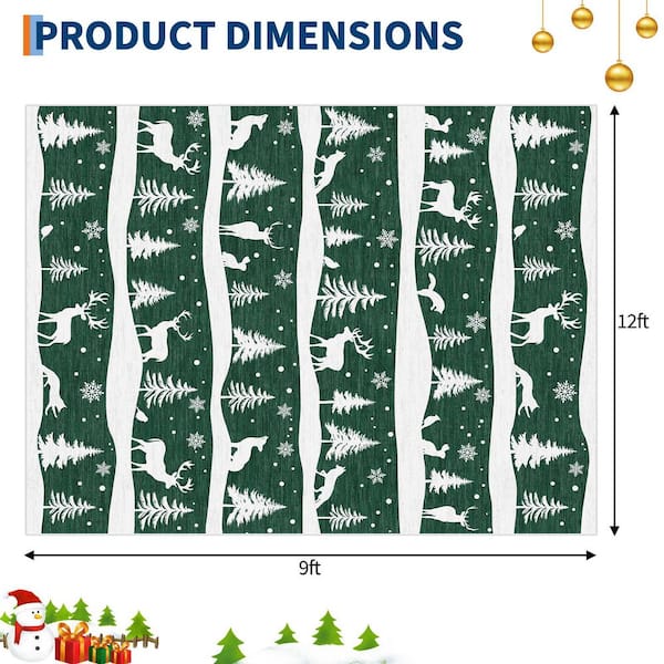 9 X 12 ft. Green Christmas Washable Area Rug, with Xmas Tree, Reindeer, Non-Slip Backing, Foldable, for Living Room