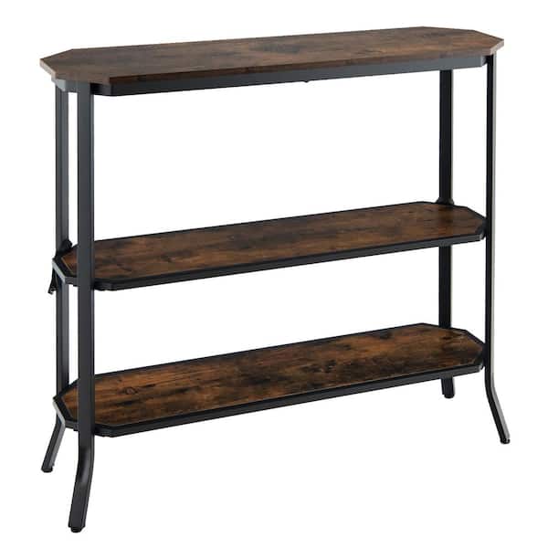 Costway 39.5 in. Brown 3-Tier Wood Entryway Sofa Console Table Steel Frame for Hallway Living Room