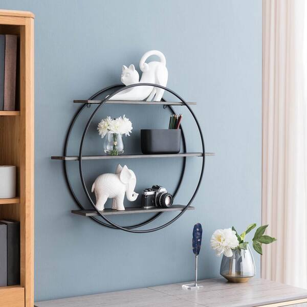 Unbranded Large Round 5.5 in. x 28.75 in. x 24 in. Gray Wood and Iron Floating 3-Tier Decorative Wall Shelf