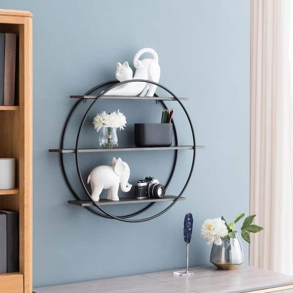 HEMSLY INC Large Round 5.5 in. x 28.75 in. x 24 in. Gray Wood and Iron Floating 3-Tier Decorative Wall Shelf