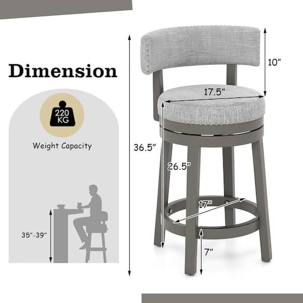 Gymax 26.5 in. Gray Upholstered Wooden Swivel Bar Stool Counter