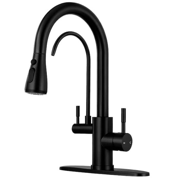 15 in. H Dual Handle Deck Mount Dual Spout Pull Down Standard Kitchen Faucet with Water Purification in Matte Black