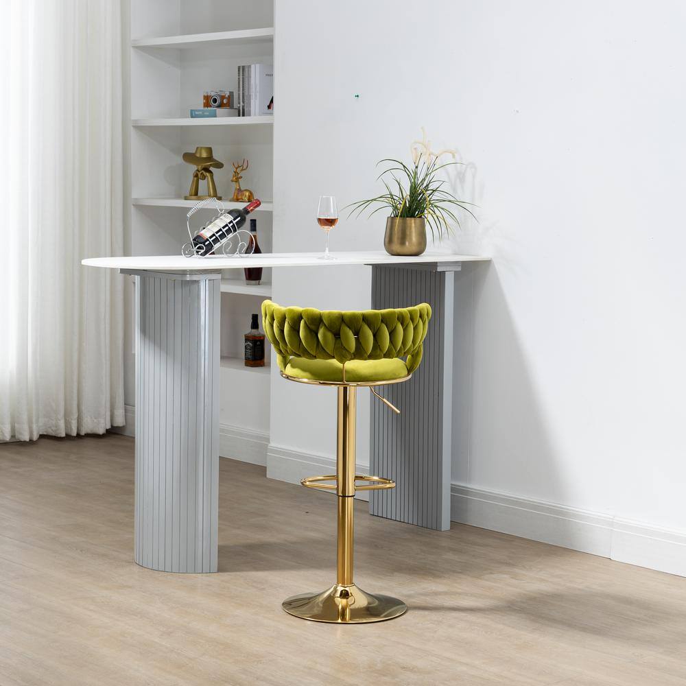Emerald Green Velvet Adjustable Swivel Bar Stools with Gold Base, Set of 2