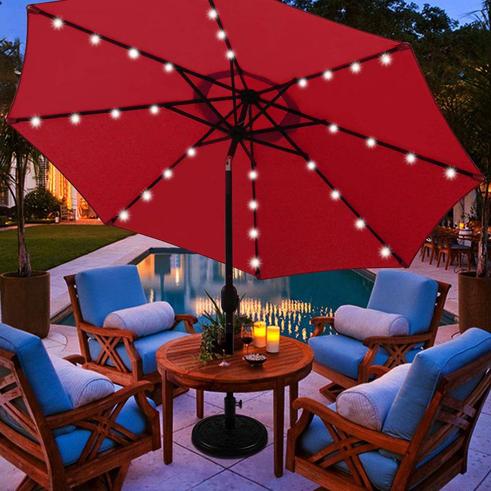 Red 9 ft LED Lighted Patio Umbrella with Stainless Steel Pole