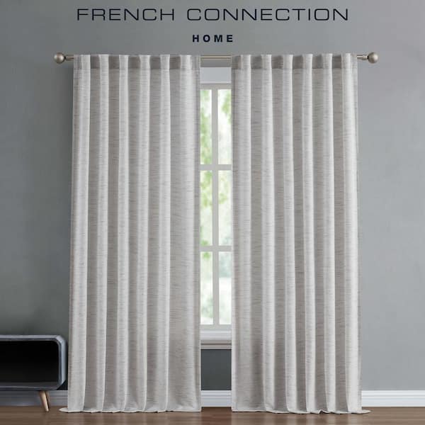 French Connection Misty Grey Faux Linen Light Filtering 52 in. x 96 in. Back-Tab Tiebacks Curtain (2 Panels and 2 Tiebacks)