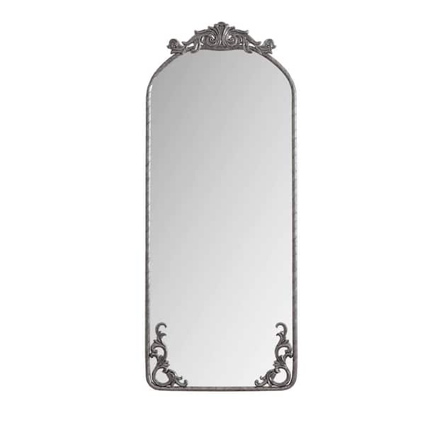 Antique Silver 24 in W x 58 in. H Arched Full Body Mirror with Vintage Ornate Carved Applique on Top and Bottom
