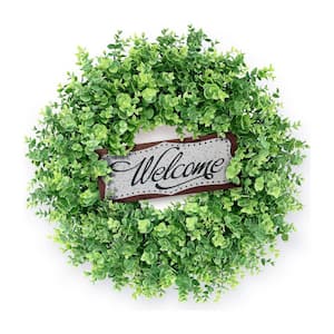 26 in. x 26 in. Green Plastic Welcome Wall Sign with Artificial Eucalyptus Wreath