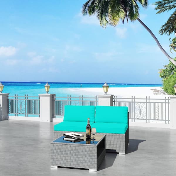 JOYSIDE 3-Piece Wicker Outdoor Patio Furniture Sectional Conversation Set with Turquoise Blue Cushion and Side Table
