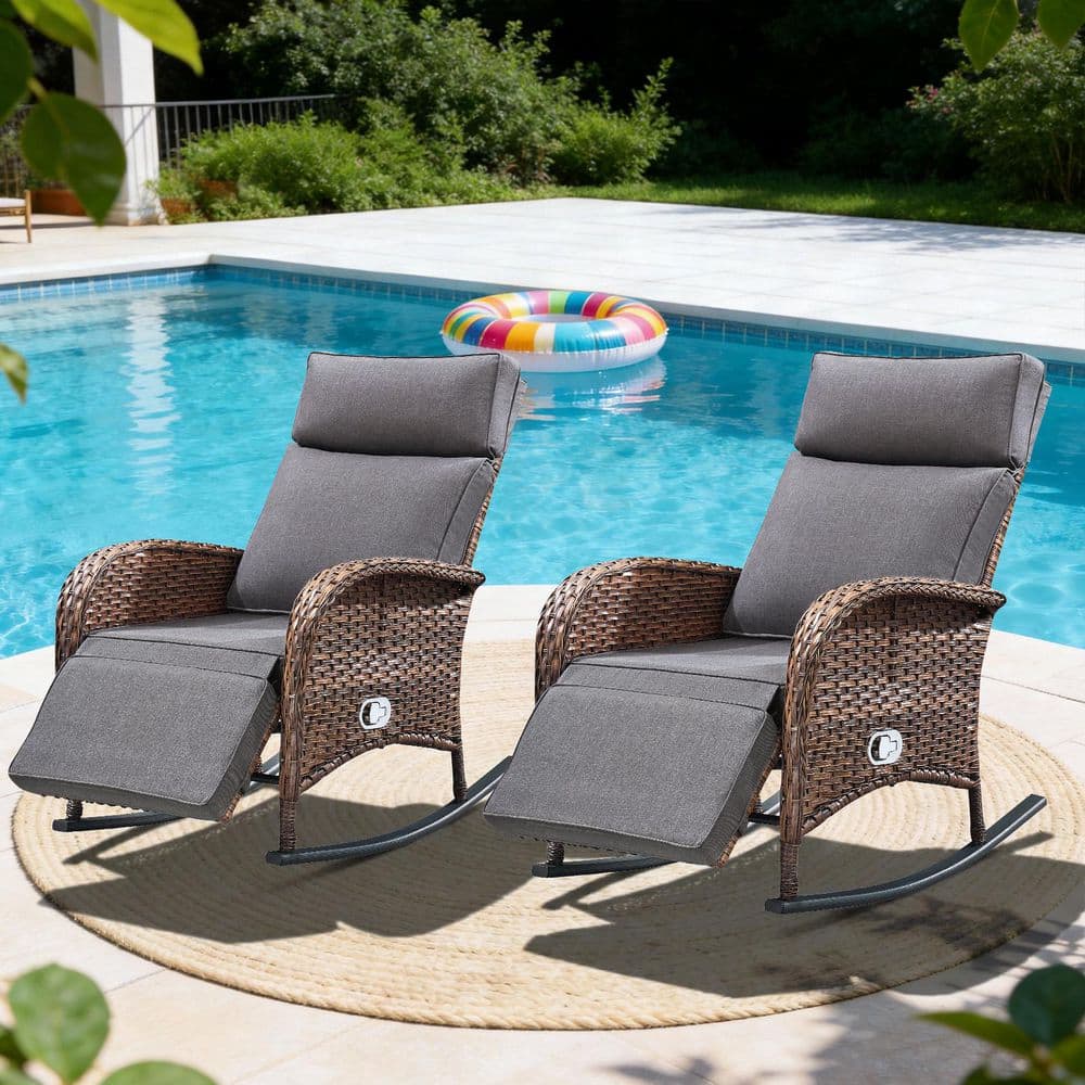 Carlos Brown 2-Piece Wicker Patio Lounge Rocking Chairs Outdoor Recliner Day Bed with Gray Cushions price history on PriceWatchPro