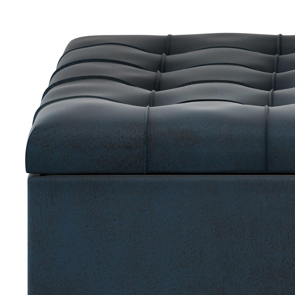 Distressed Dark Blue Tufted Faux Leather Cocktail Ottoman