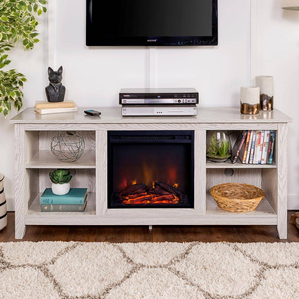 Whitewash 58" MDF Fireplace TV Stand with Shelves