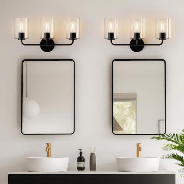 21 in. 3-Light Cylinder Matte Black Finish Modern Vanity Light Dimmable with Clear Glass Shade for Bathroom