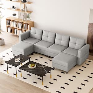 103.5 in.W U-Shaped Sofa Square Arm Fabric Modern Storable 4-Seat plus 2 ft.(Gray)