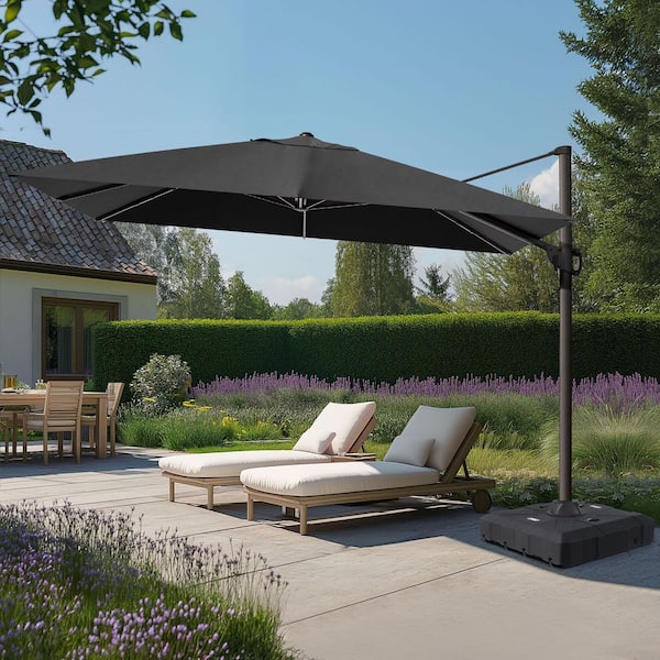 Pellebant 11.5 ft. x 9 ft. Rectangular Aluminum Cantilever Patio Umbrella Swivel Offset 360° Rotation Umbrella in Black with Base