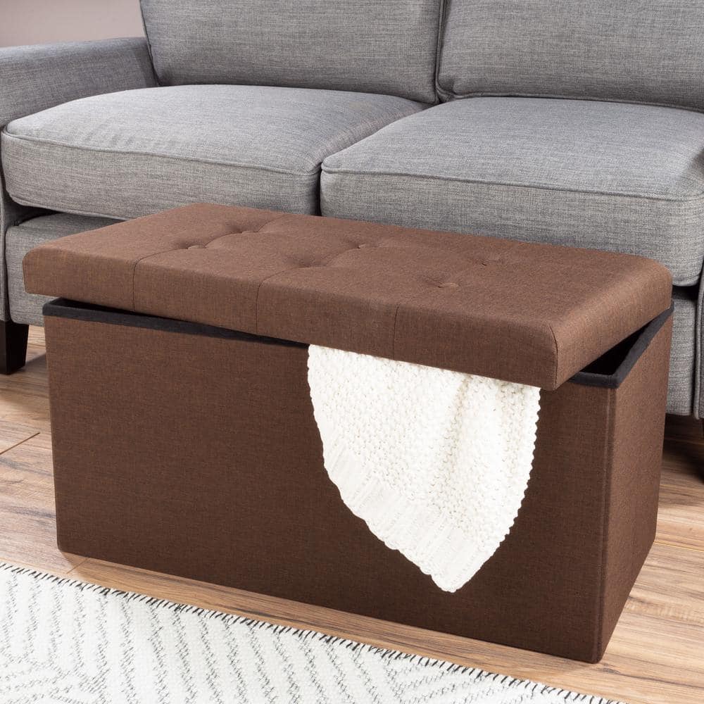 Brown Polyester Rectangular Storage Ottoman Set with Wood Frame